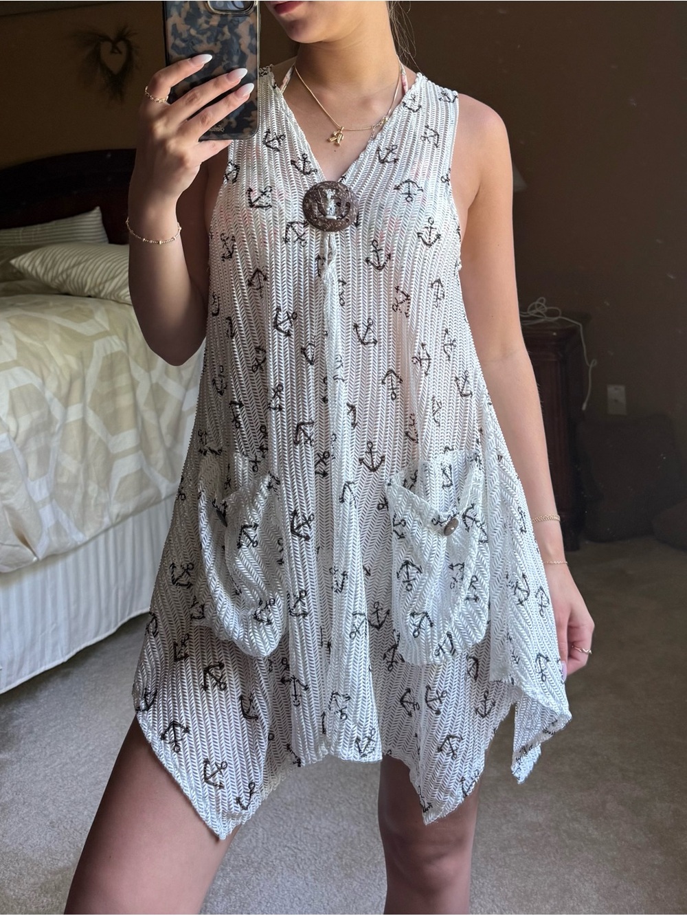 Women’s White Anchor Print Swim Coverup Tunic